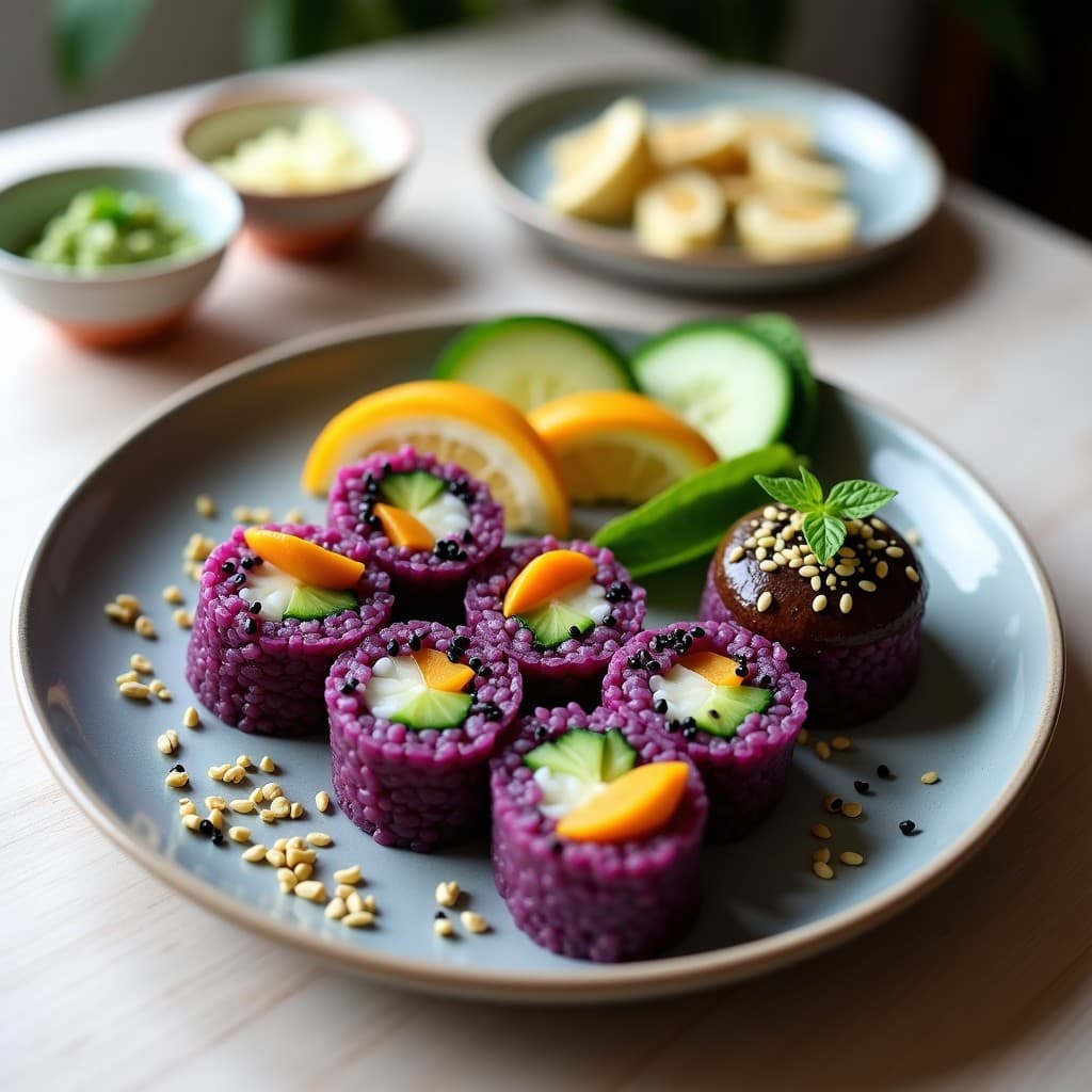 Sushi de Mangostán y Pepino con Arroz Morado: Receta Tailandesa Vegana Sin Gluten