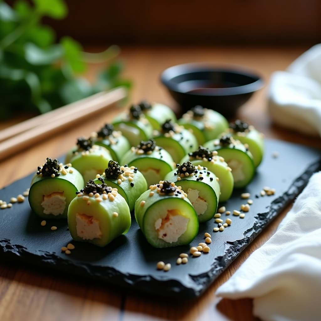 Sushi Rolls de Pepino y Queso Crema de Anacardos con Caviar de Algas: Receta Vegana Sin Arroz