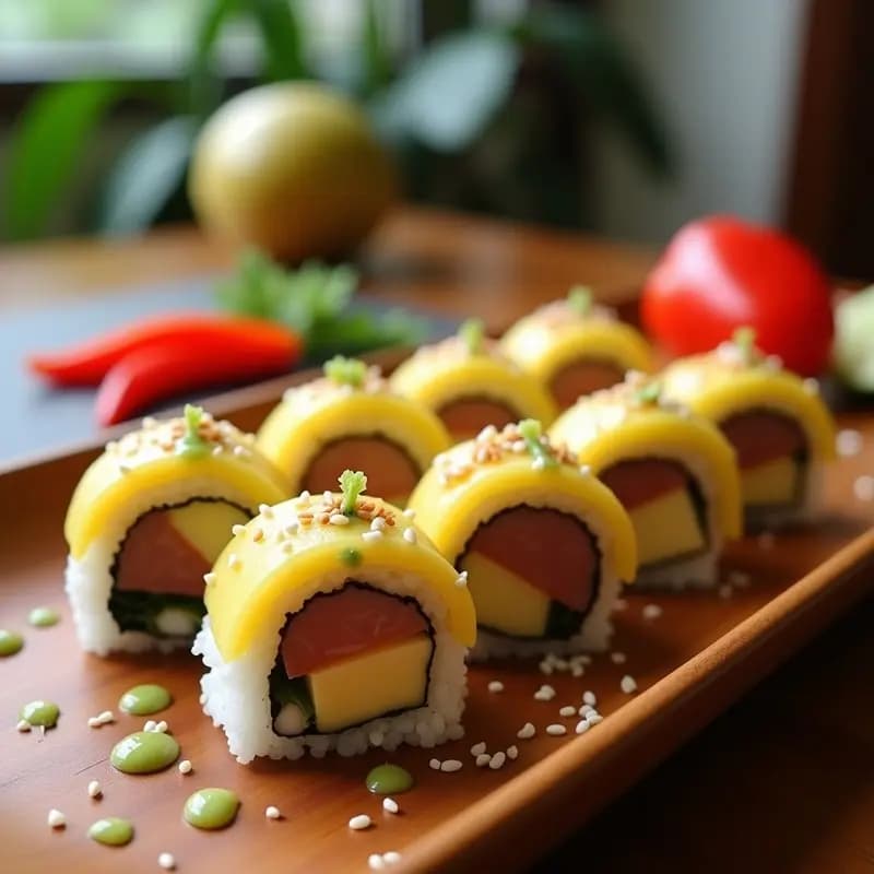 Sushi de Piña y Jamón Serrano con Vinagreta de Wasabi: Receta Fusion Hawaiana-Española en 20 Minutos