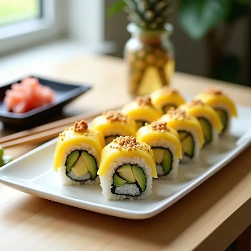 Sushi de Piña y Jengibre con Cangrejo Imitación: Receta FusionReco Japonesa y Tropical en 20 Minutos