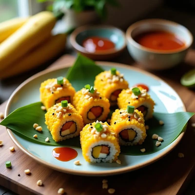 Sushi de Plátano Macho y Cacahuete: Rollos Veganos con Salsa de Tamarindo y Chile