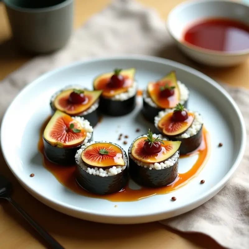 Sushi de Queso Cremoso y Higo con Reducción de Salsa Teriyaki: Postre Japonés Dulce-Salado