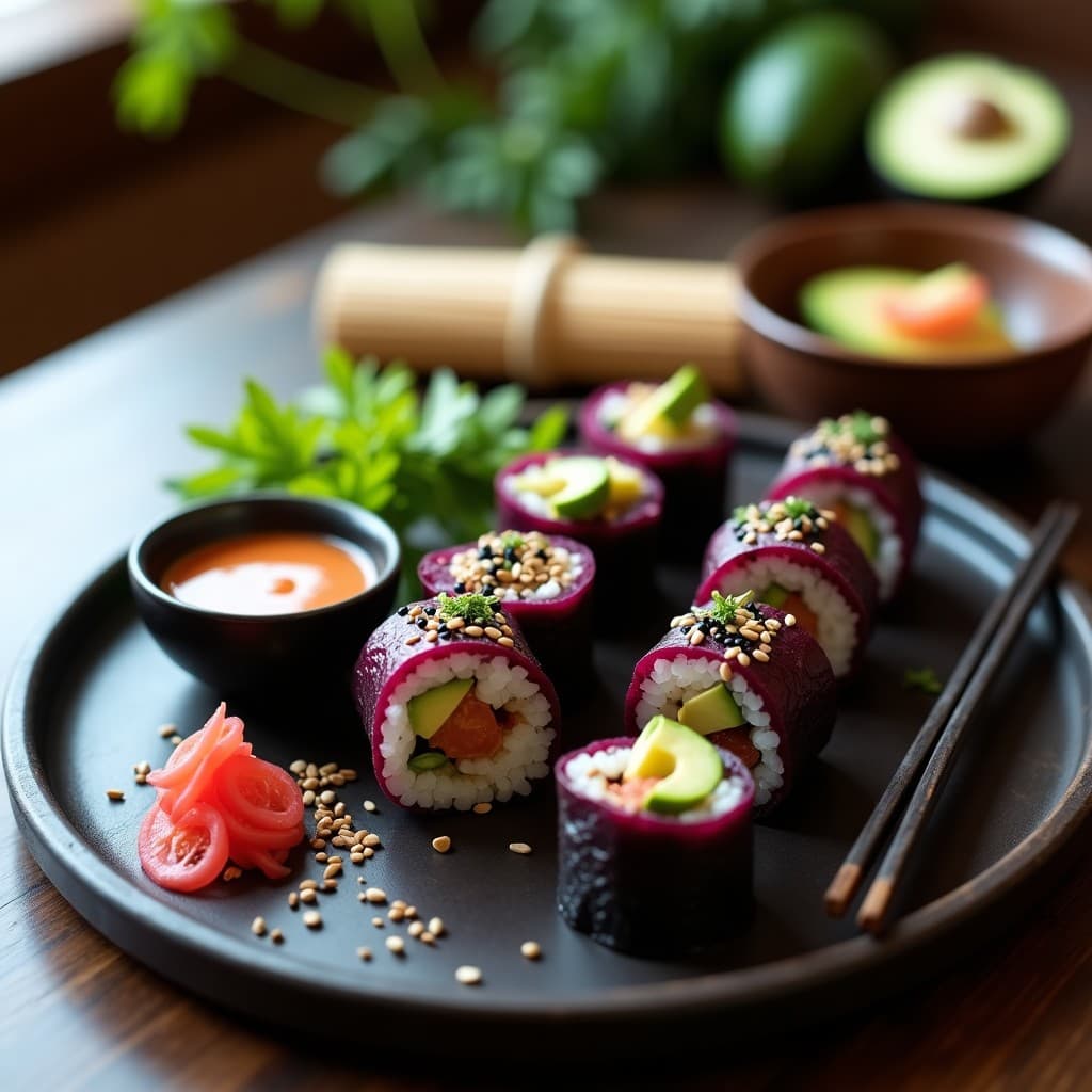 Sushi de Remolacha Morada y Aguacate con Salsa de Wasabi de Rábano: Receta Vegana Crudivegana Sin Algodón