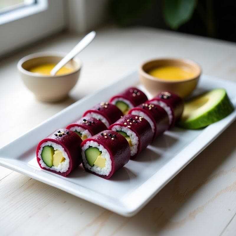 Sushi de Remolacha Morada y Queso de Anacardos con Salsa de Mostaza y Miel: Receta Vegana