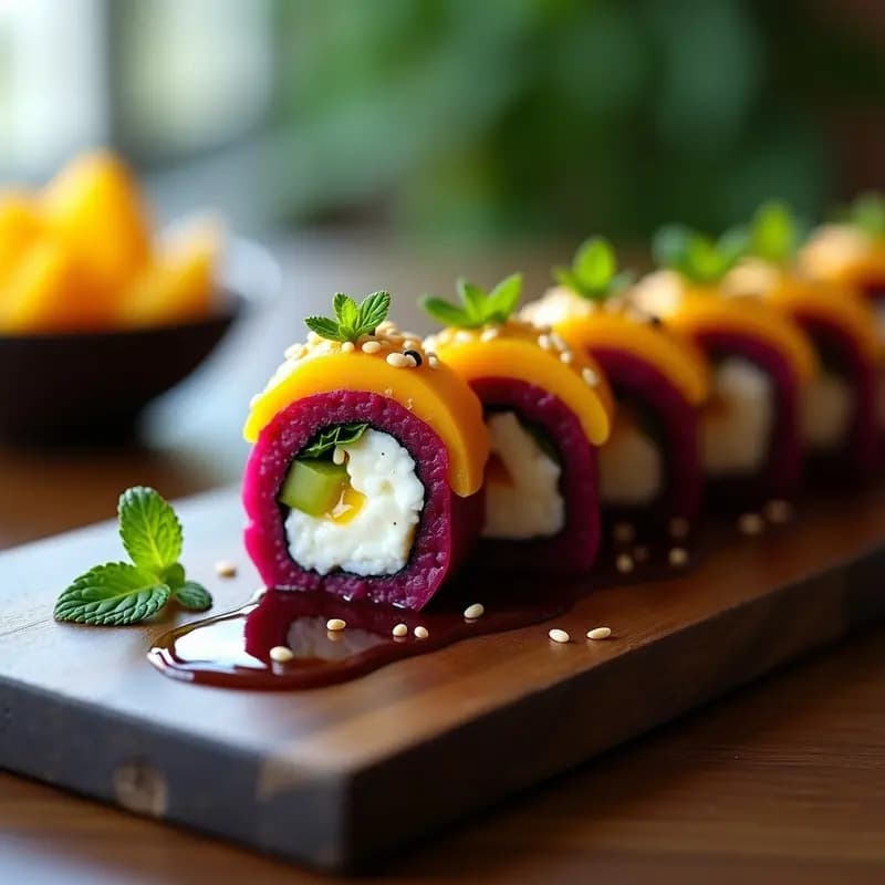 Sushi de Remolacha y Queso de Cabra con Reducción de Mango: Rollito Japonés Vegano y Colorido