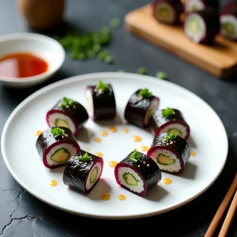Sushi de Remolacha y Queso de Caju con Vinagreta de Sésamo Negro: Entrante Japonés Crudivegano