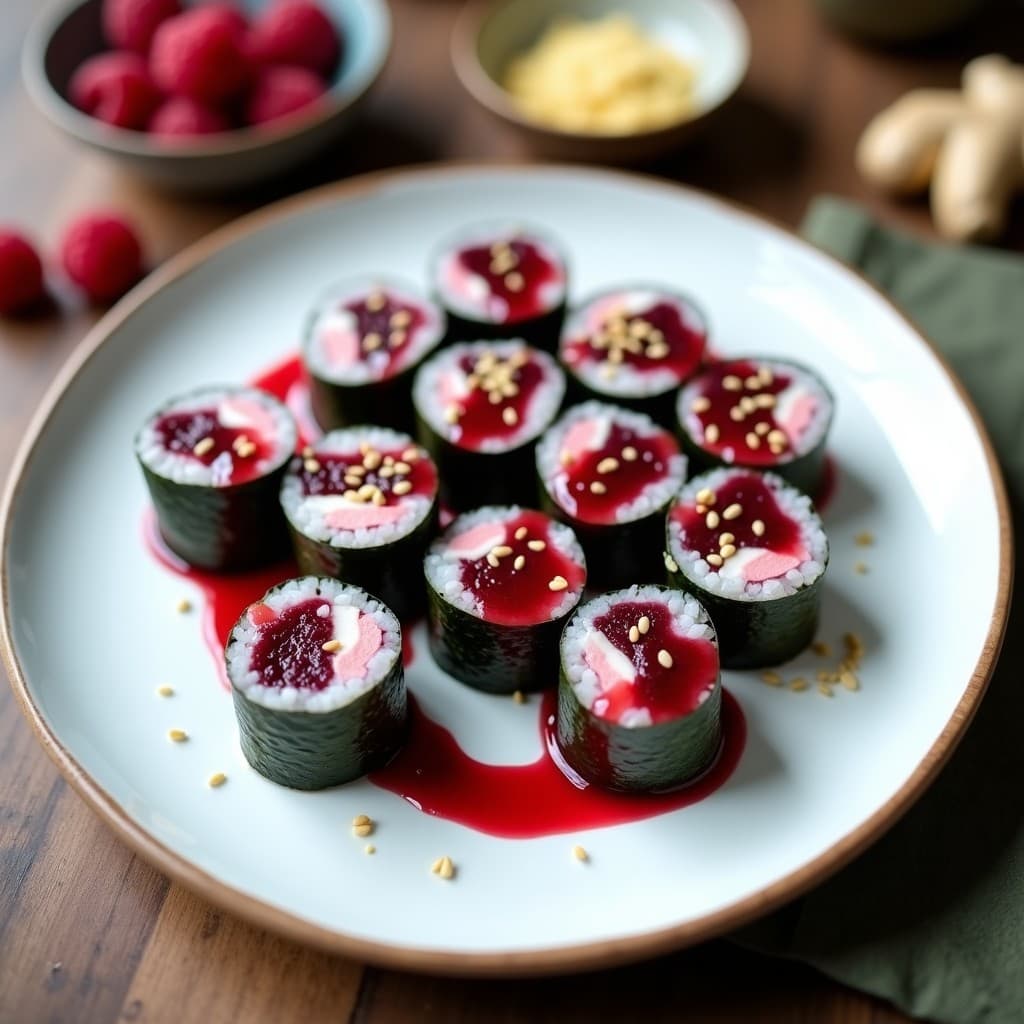 Sushi de Remolacha y Queso de Caseda con Salsa de Frambuesa: Receta Vegana Sin Gluten en 20 Minutos