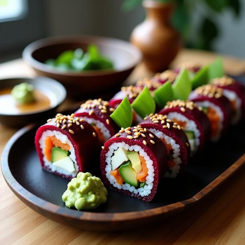 Sushi de Remolacha y Queso Crema con Envoltura de Nori: Receta Vegana Sin Pescado en 20 Minutos