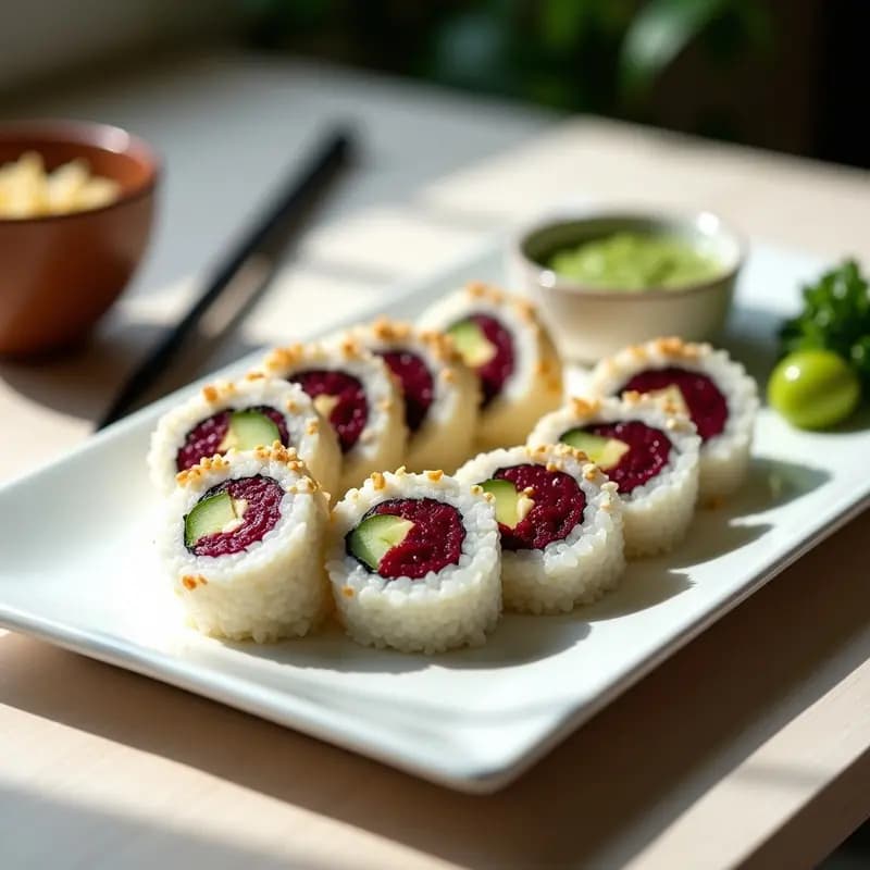 Sushi de Remolacha y Queso Crema: Rollos vegetarianos con Toqueuhkan de Wasabi