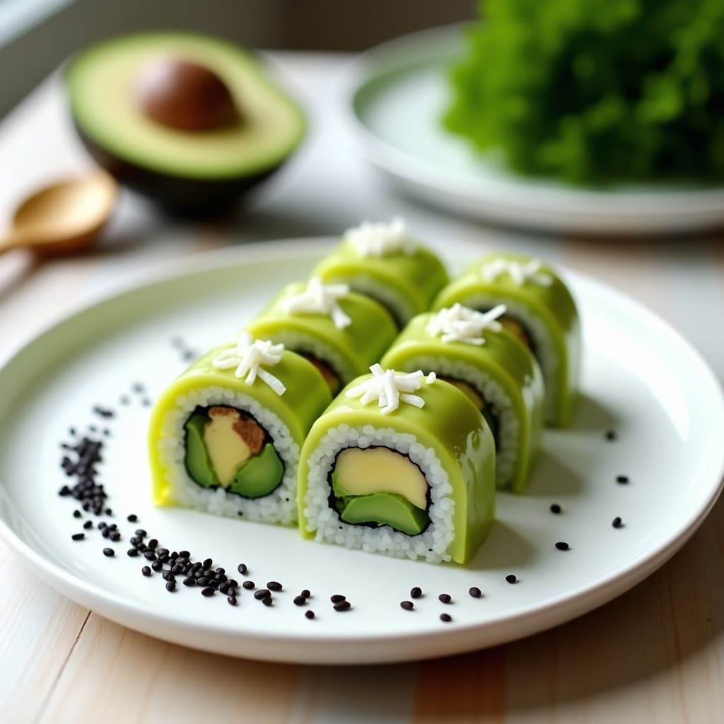 Sushi roll de agar-agar y aguacate: Postre vegano sin arroz y bajo en calorías