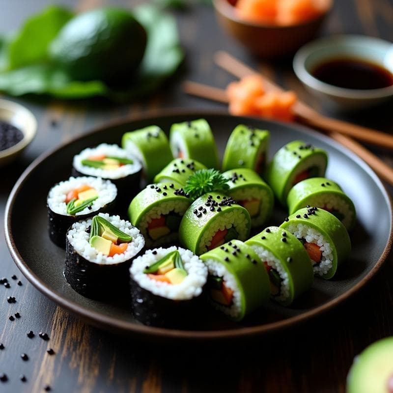 Sushi Roll de Aguacate y Espárragos con Envoltura de Alga Nori y Sésamo Negro: Receta Vegana y Crudivegana