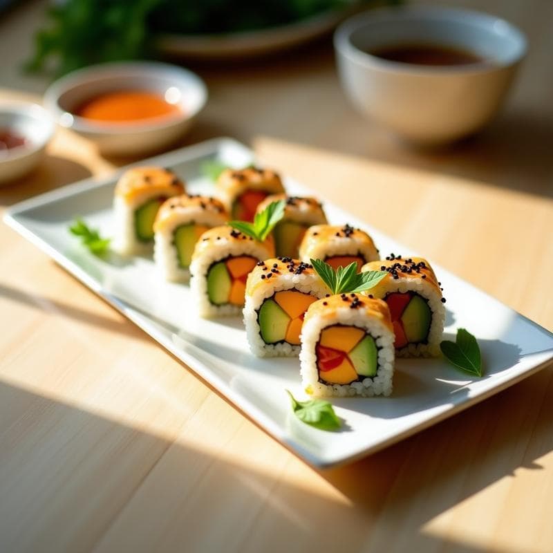 Sushi Roll de Aguacate y Mango con Salsa de Cacahuete Picante: Receta Vegana Japonesa Sin Pescado