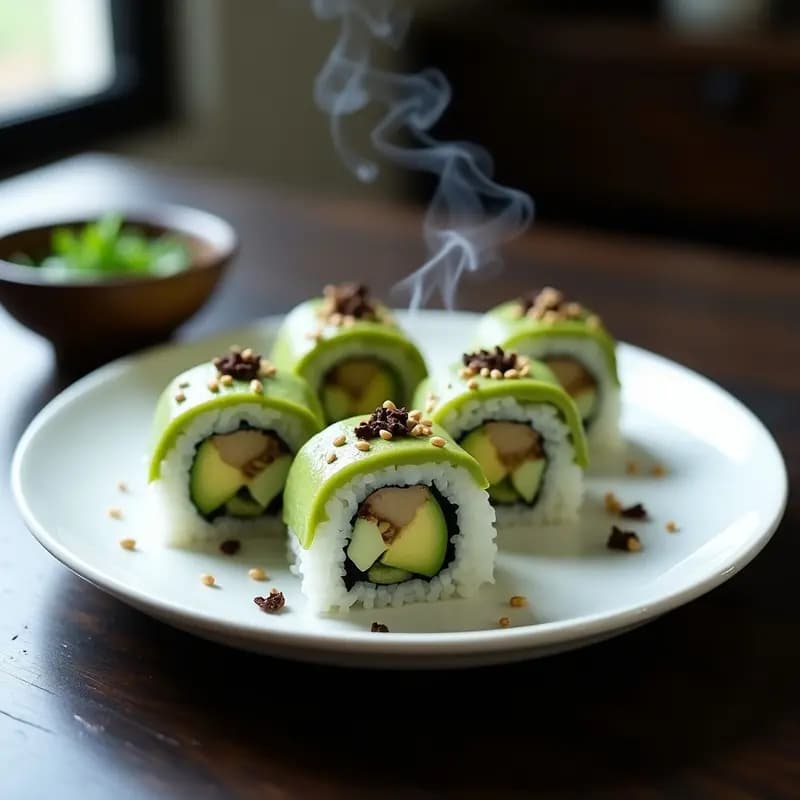 Sushi Roll de Aguacate y Trufa Negra con Salsa de Wasabi: Receta Japonesa Vegana y Premium