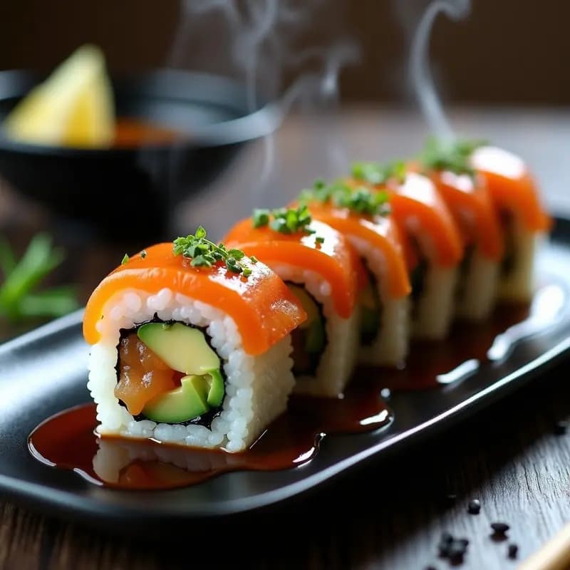 Sushi Roll Japonés con Anguila Ahumada y Aguacate: Receta Tradicional con Salsa Teriyaki