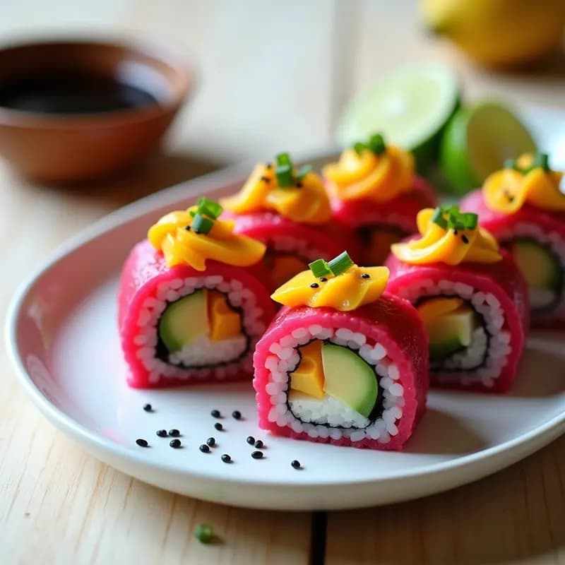Sushi Roll de Mango y Cangrejo: Receta Japonesa con Arroz de Remolacha