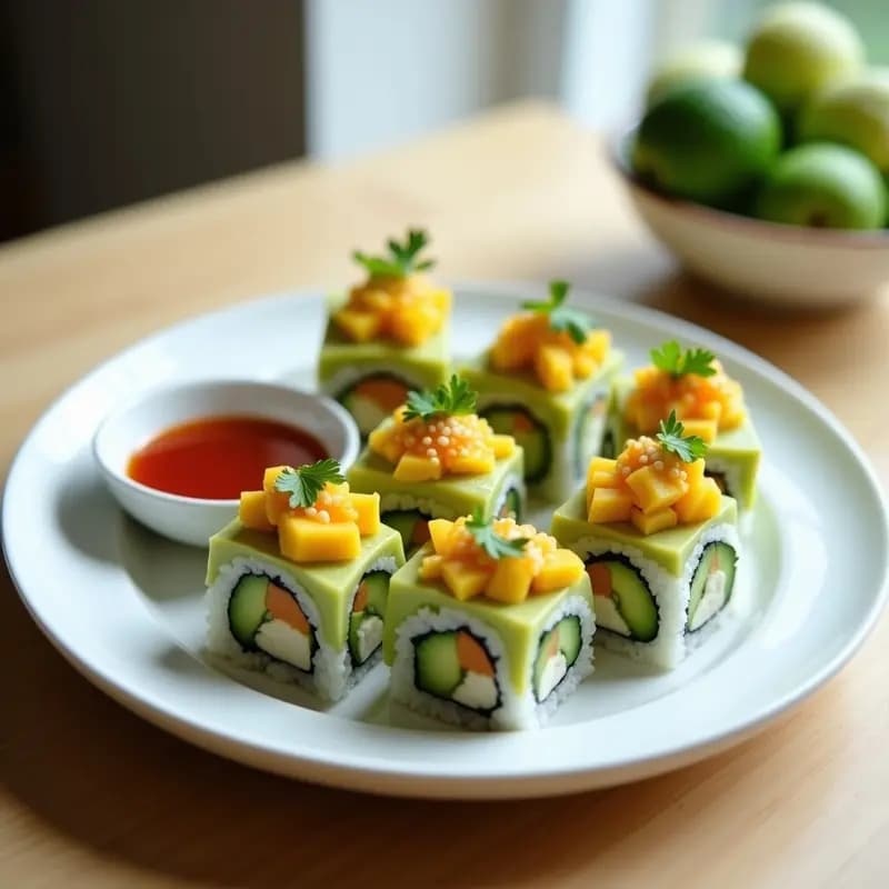 Sushi rolls de Aguacate y Mango con Salsa Sriracha: Receta Fresca y Vegana