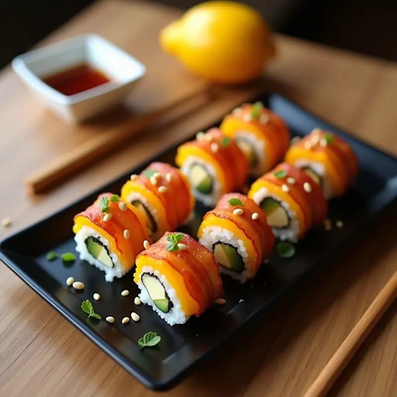 Sushi Rolls de Mango y Queso de Cabra con Cinta de Panceta Crujiente: Receta de Fusión Japonesa-Española