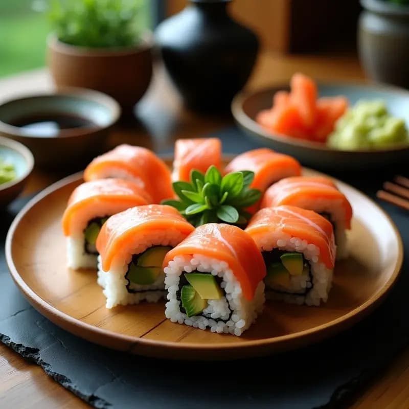 Sushi de Salmón y Aguacate: Rollos Japoneses con Arroz Vinegrado y Algas Nori