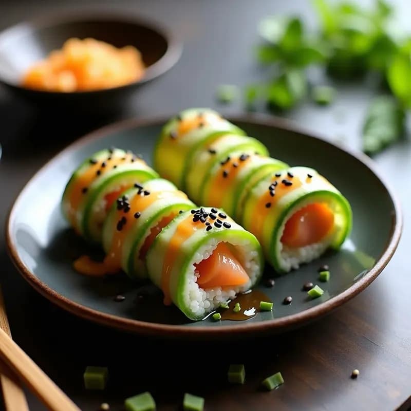 Sushi de Salmón Ahumado y Aguacate en Rollito de Pepino: Receta Japonesa Keto