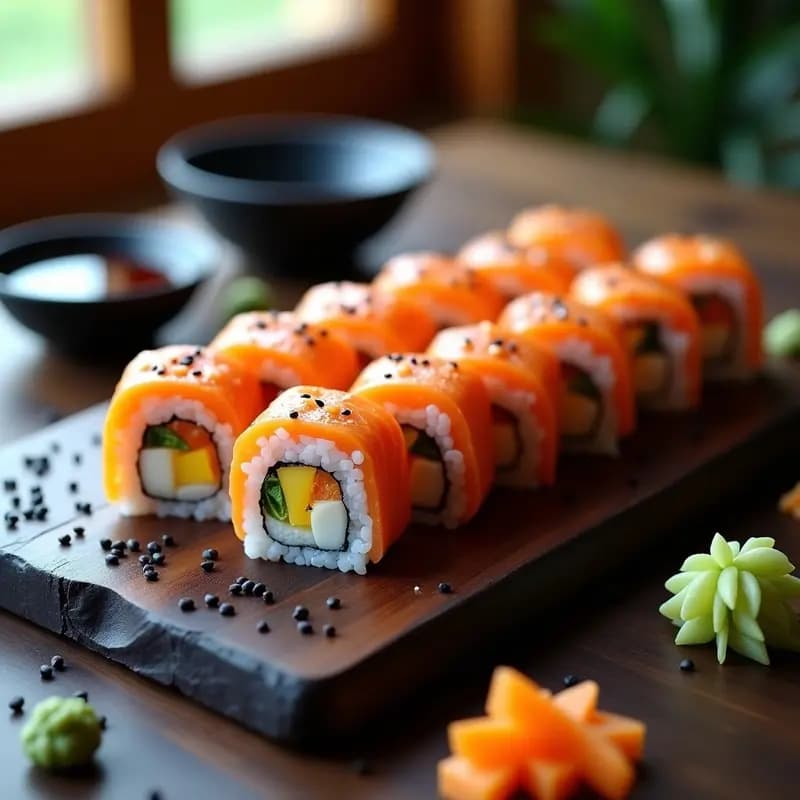 Sushi de Salmón y Mango con Arroz Morado: Receta Japonesa Innovadora y Colorida