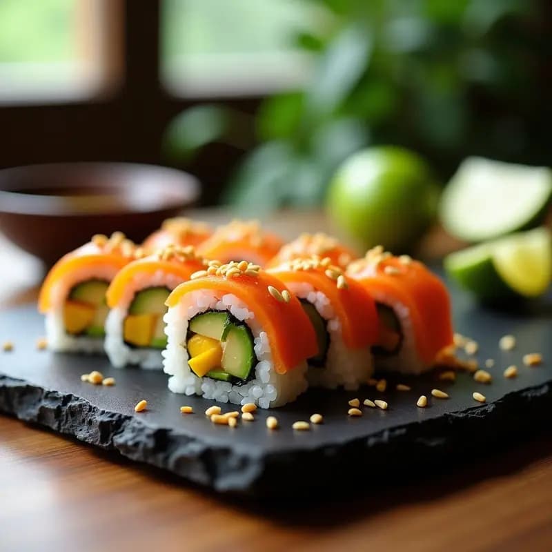 Sushi de Salmón y Mango con Vinagreta de Lima: Receta Fusion Japonesa-Hawaiana Fresca