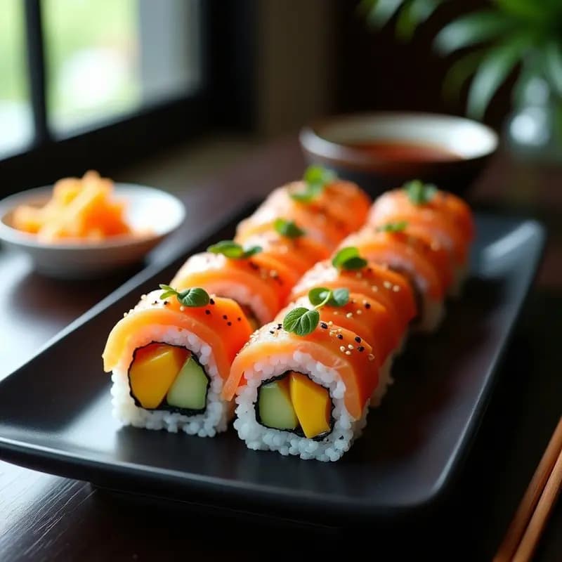 Sushi de Salmón y Mango con Salsa Teriyaki: Roll Japonés Gourmet