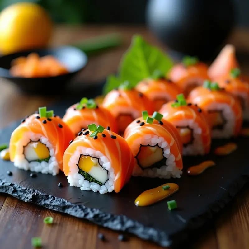 Sushi de Salmón y Mangostán con Vinagreta de Yuzu: Receta Japonesa de Fusión Gourmet