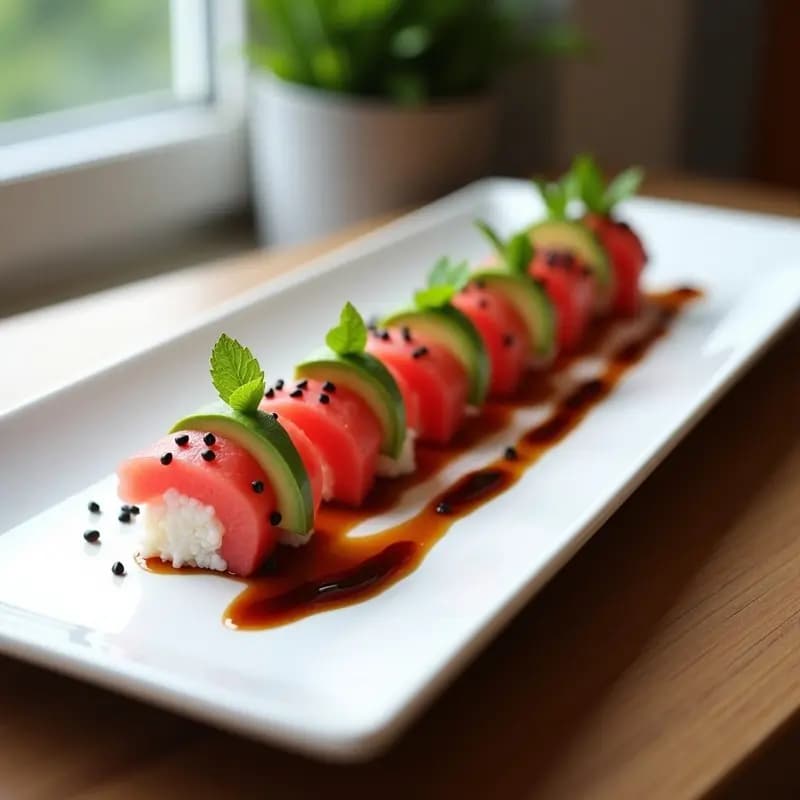 Sushi de sandía y aguacate con salsa de soja: Postre japonés dulce-salado
