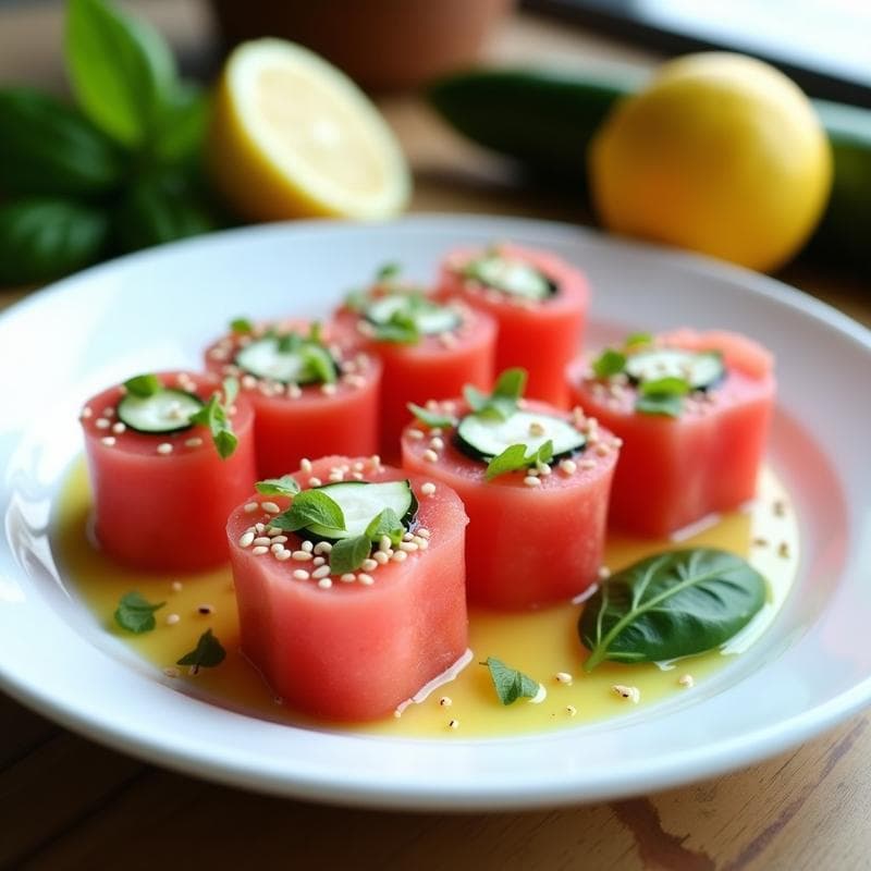 Sushi de Sandía y Queso Feta con Vinagreta de Albahaca: Receta Fresca Sin Pescado en 15 Minutos