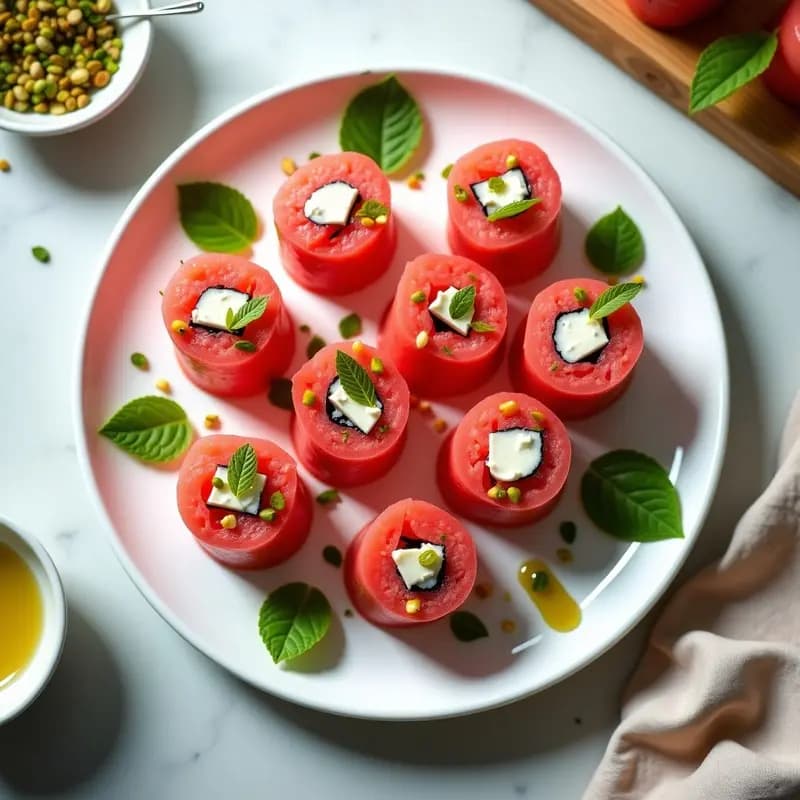 Sushi de Sandía y Queso Feta: Rollitos Frescos con Vinagreta de Menta y Limón