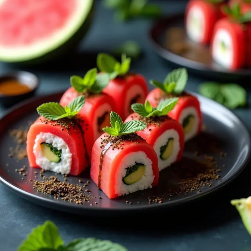 Sushi de Sandía y Queso Vegano con Algas Espirulina: Postre Salado Sin Cocinar
