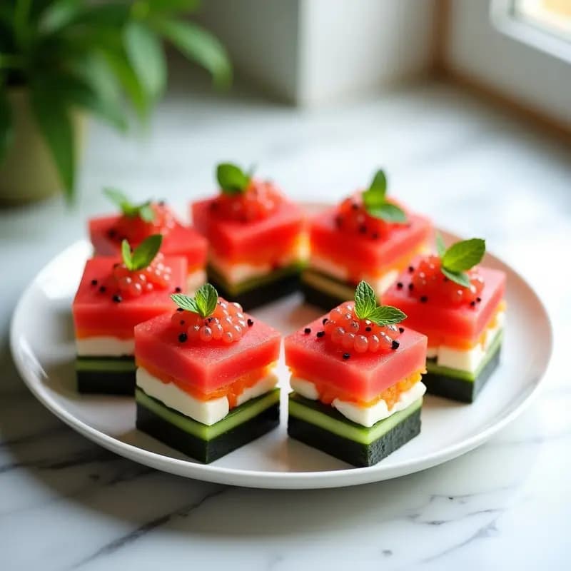 Sushi de Watermelon con Queso Vegano y Caviar de Litchi: Receta Fresca y Fotogénica en 10 Minutos