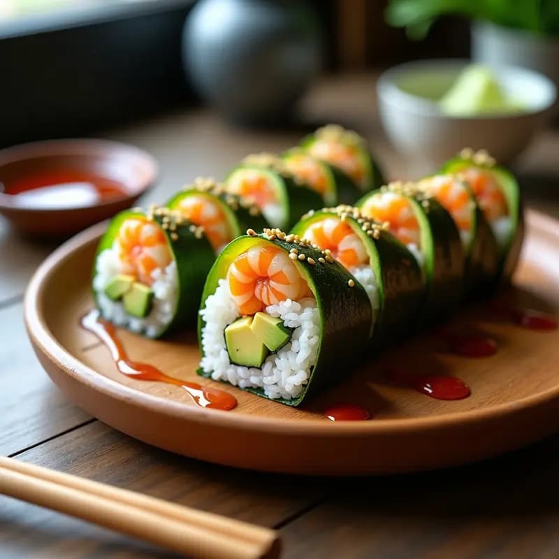 Sushi Temaki de Aguacate y Langostinos al Ajillo: Roll Japonés para Compartir