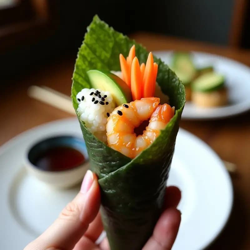 Sushi de Temaki con Langostinos Tempura: Receta Japonesa Crujiente y Fácil