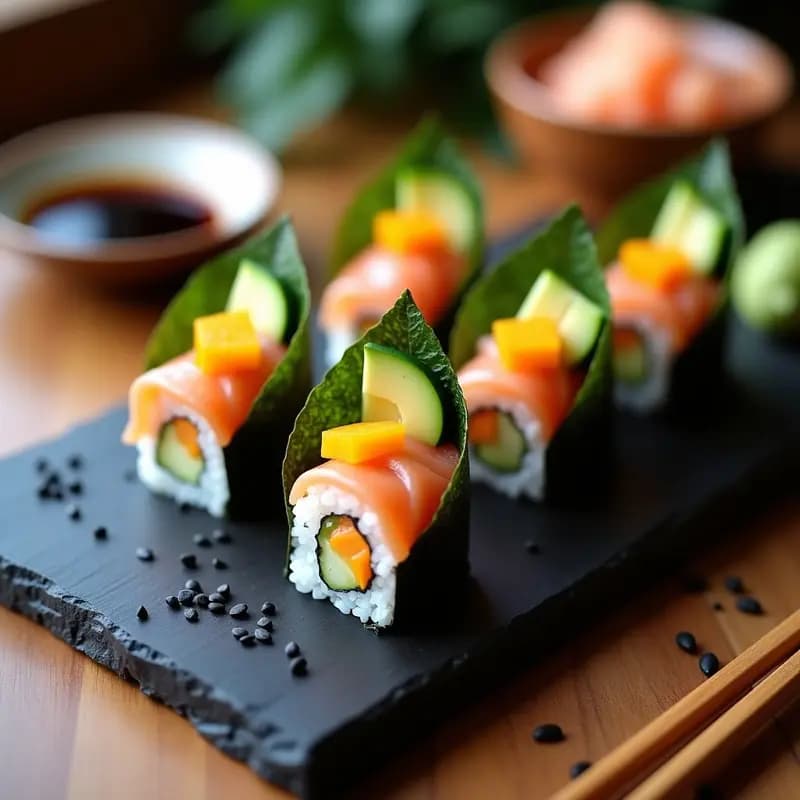 Sushi Temaki de Salmón Ahumado y Mango: Rollo Japonés Fresco y Crujiente en 10 Minutos