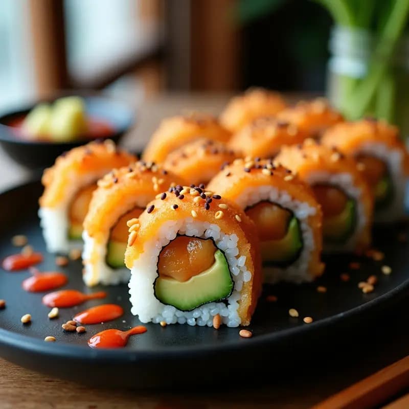 Sushi de Tempura de Camarón y Aguacate: Roll Crujiente con Salsa Spicy Mayo