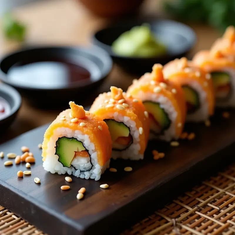 Sushi de Tempura de Camarón y Aguacate: Rollo Japonés Crujiente y Cremoso