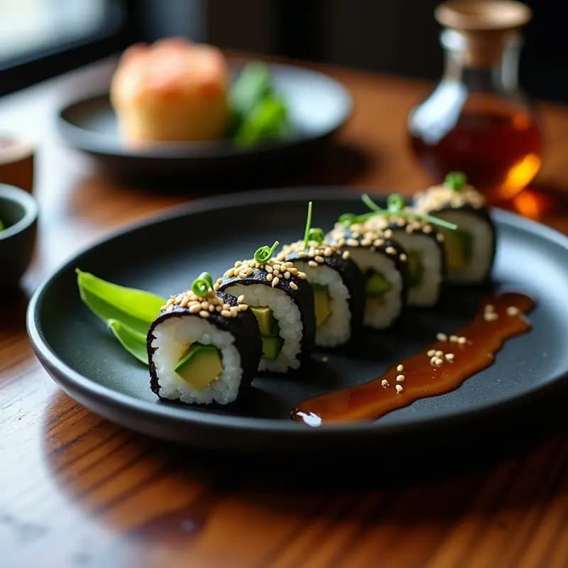 Sushi de Trufa Negra y Aguacate: Roll Japonés de Lujo con Reducción de Sake