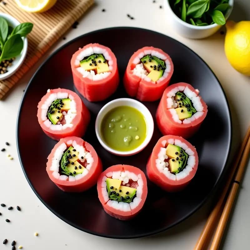 Sushi de Watermelon con Queso Vegano y Salsa de Wasabi Verde: Receta Viral Sin Pescado en 20 Minutos