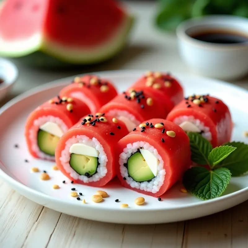 Sushi de Watermelon con Queso Vegano y Semillas de Amapola: Receta Estival Sin Pescado