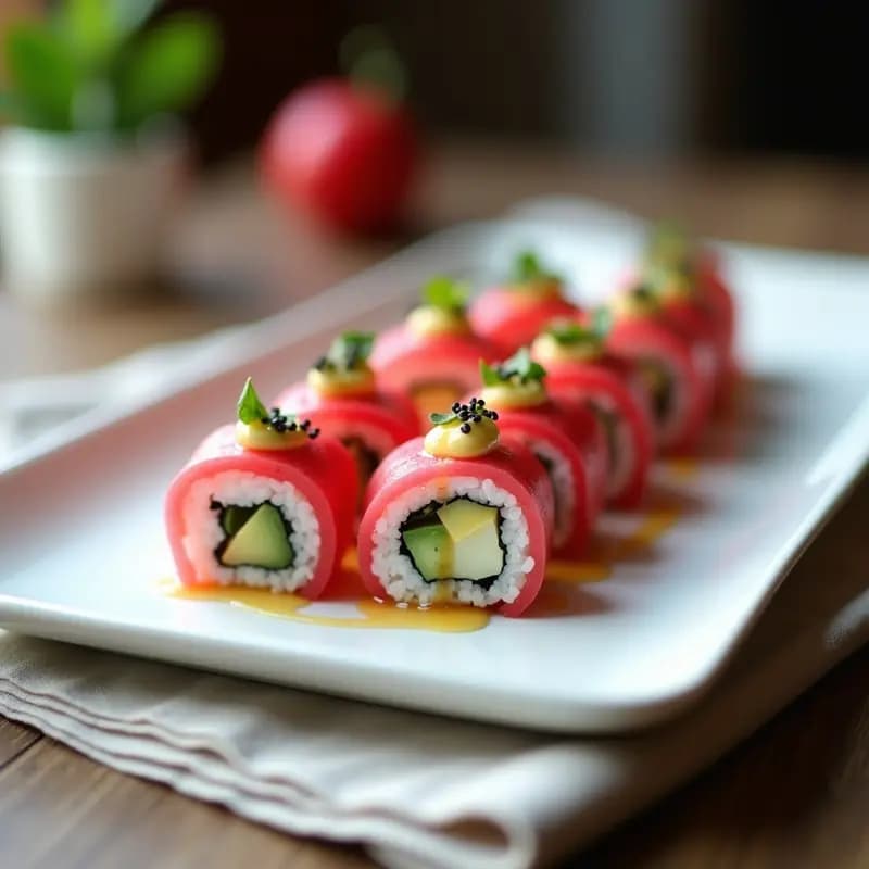 Sushi de Watermelon Radish y Queso de Cabra: Entrante Estético Sin Pescado