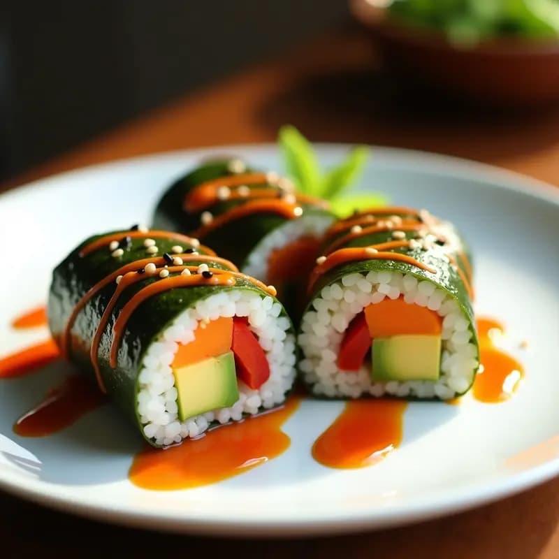 Sushirrito de Aguacate, Zanahoria y Pimiento con Salsa Sriracha-Mayo: Comida Japonesa para Llevar