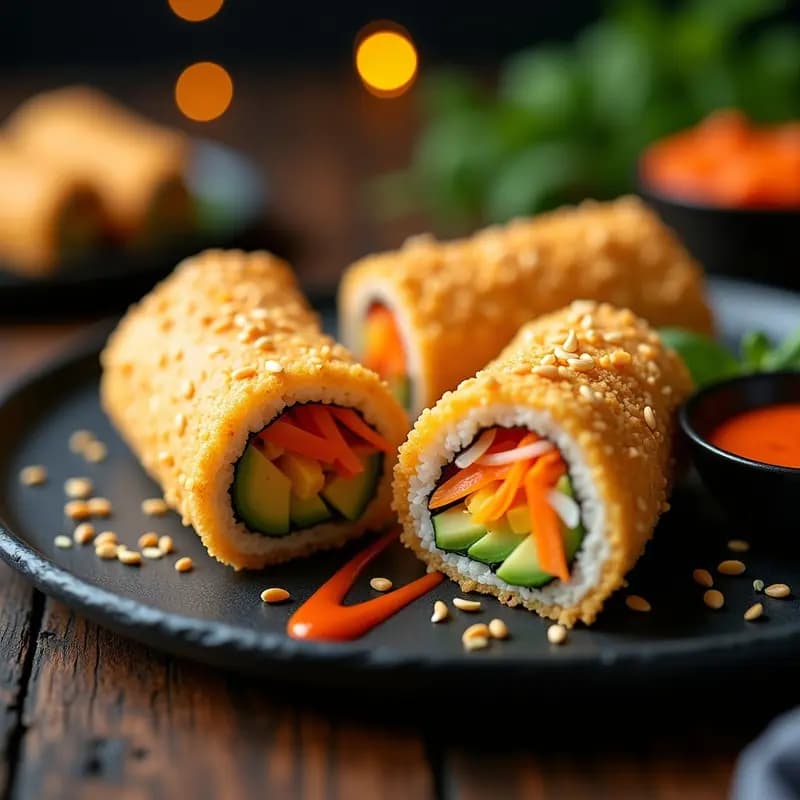 Sushirritos de Aguacate, Mango y Surimi con Salsa Sriracha: Rollos Crujientes para Llevar