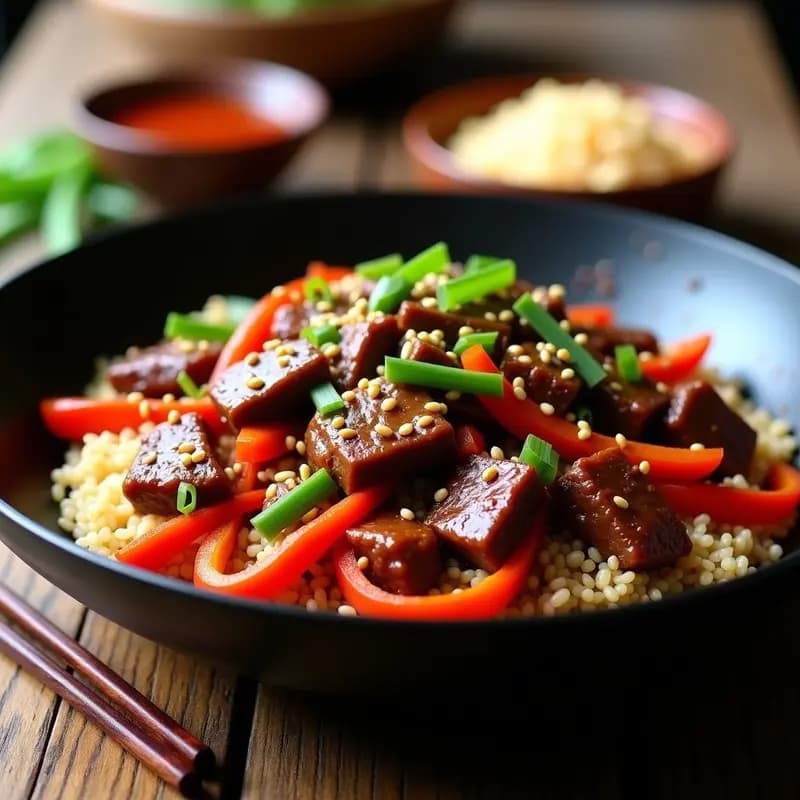 Szechuan Beef Chino con Pimientos y Arroz Basmati: Receta Picante en Wok