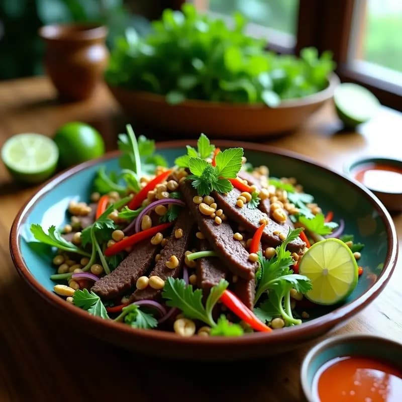 Tab Lieb Salad de Laos: Ensalada de Hierbas, Carne y Limón con Toque Picante