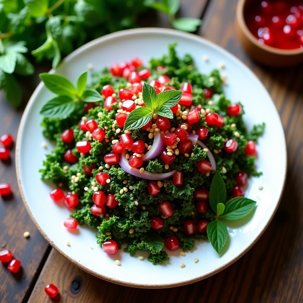 Tabbouleh de Col Rizada y Granadas con Vinagreta de Naranga Amarga: Ensalada Libanesa Vegana