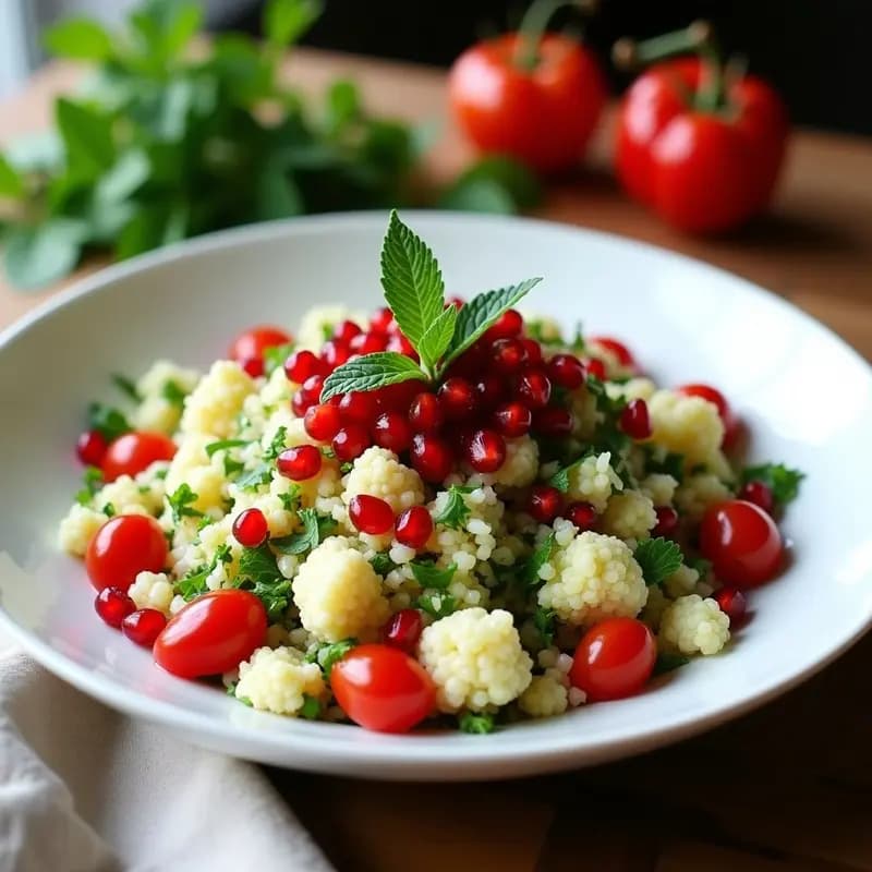 Tabbouleh de Coliflor Cruda y Granadas con Aderezo de Sumac: Receta Libanesa Sin Gluten