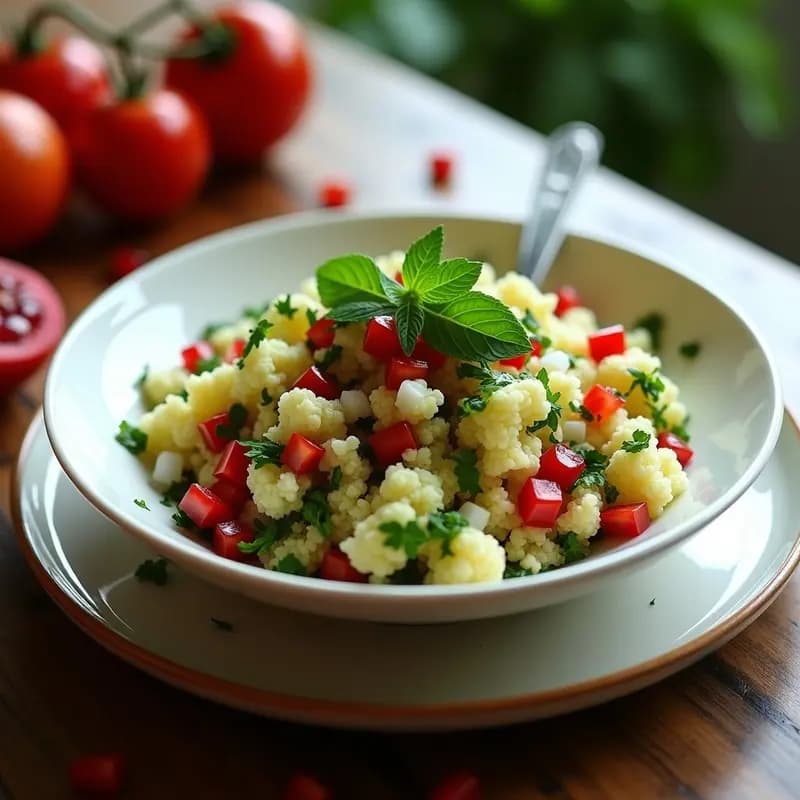 Tabbouleh de Coliflor con Granados y Aceite de Oliva: Receta Libanesa Low-Carb en 15 Minutos