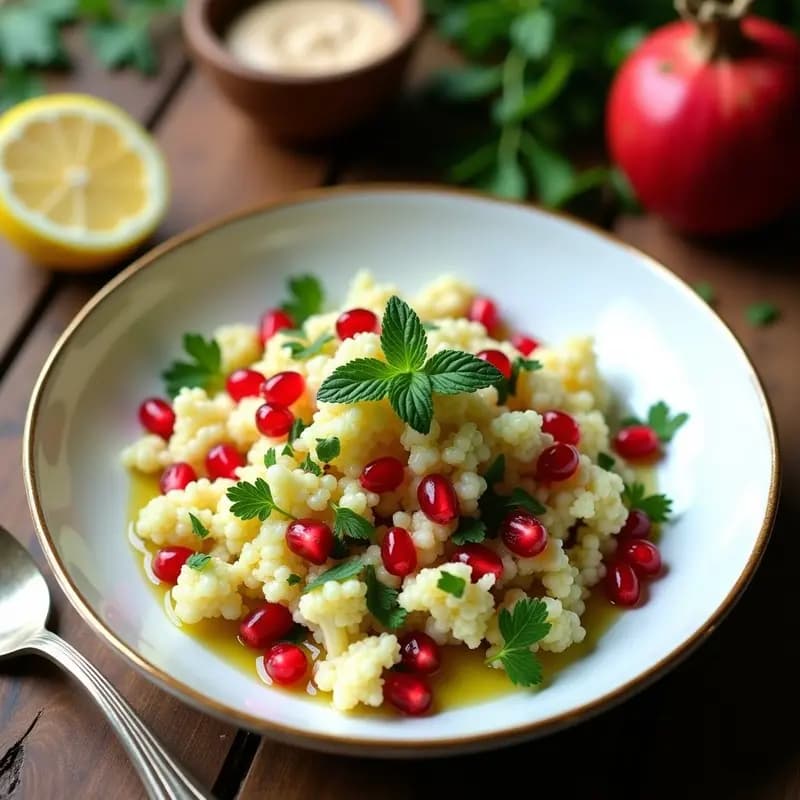 Tabbouleh de Coliflor con Granados y Menta: Receta Libanesa Low Carb y Crudivegana