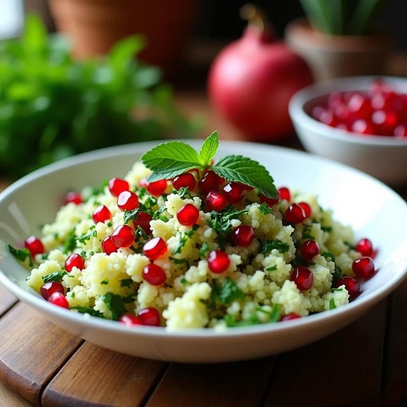 Tabbouleh de Coliflor Rizada con Granadas y Mentas: Ensalada Libanesa Keto Sin Cereales